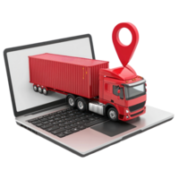 3D laptop with Cargo Container truck, logistic concept and red pin side view isolate on transparency background png