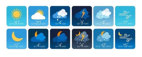Weather forecast icons showing various conditions for the next week in a digital format vector