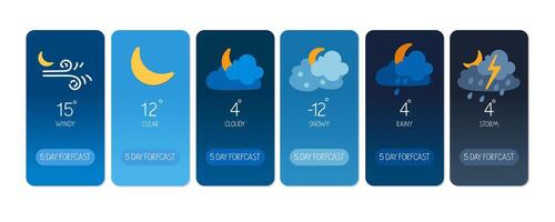 Five day weather forecast with varying conditions and temperatures displayed in icons vector
