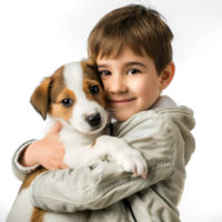 Smiling Little boy holding a Dog isolate on transparent background png