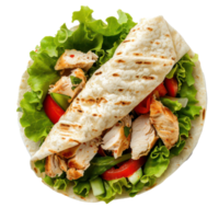 chicken pita with lettuce, tomatoes and chicken on a transparent background png