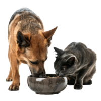 Dog and cat eating full with same bowl isolate on white background png