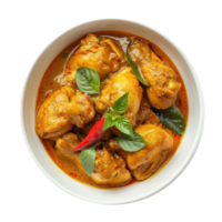 chicken curry in a bowl with basil leaves and spices on a transparent background png