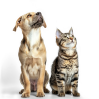 Curious dog and cat standing looking up same direction isolate on white background, png