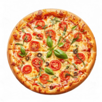 pizza with tomatoes and basil on a transparent background png