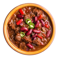 chili con carne in a bowl with beans and peppers on a transparent background png