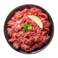 raw beef in a bowl with parsley on a transparent background png