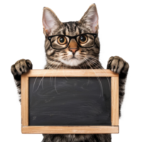 cat wearing glasses holding chalkboard isolate isolate on transparent background, png