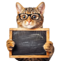 cat wearing glasses holding chalkboard isolate isolate on transparent background, png