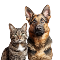 retrato de un perro y un gato mirando a el cámara aislar en transparente antecedentes png