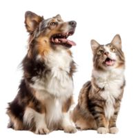 Dog and cat smiling while looking up same direction, full body isolate on transparent background png