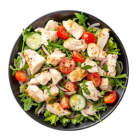 chicken salad with tomatoes, cucumbers and onions in a black bowl png