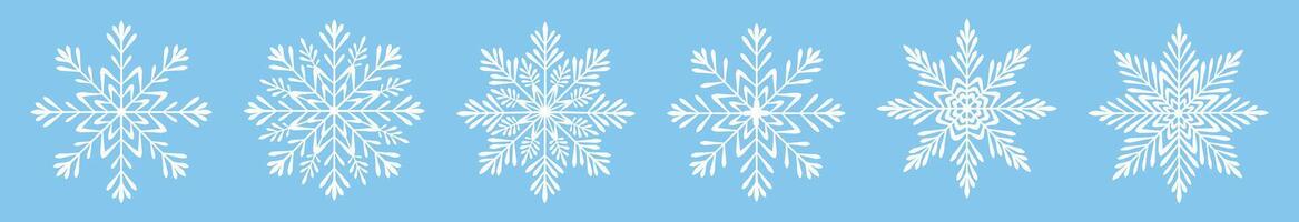 Set of white snowflakes in cartoon style. Flat illustration of beautiful winter, different shapes and sizes of snowflakes, isolated on blue background. Holiday. New Year. Christmas. vector