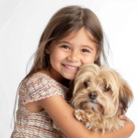 Smiling Little girl holding a Dog full body isolate on transparent background, png