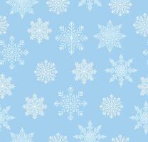Seamless pattern with snowflakes in cartoon style. Flat illustration of beautiful snowflakes of different shapes and sizes, isolated on light blue background. Wrapping paper. Packaging. Holiday. vector