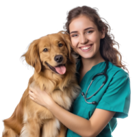 Smiling vet holding a dog isolate on transparent background, png