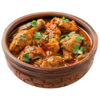 chicken curry in a brown bowl with cilantro on a transparent background png