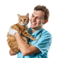 Smiling vet holding a cat isolate on transparent background png