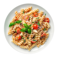 pasta with tomato, basil and cheese on a white plate png