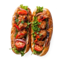 two hot dogs with vegetables and meat on them png