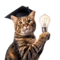 Cat wearing graduate cap and holding light bulb, full body isolate on transparent background png