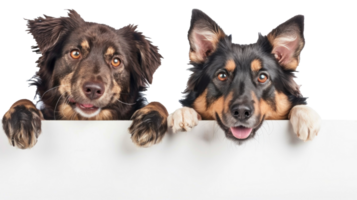 Smiling Dog and cat peeking over a blank white board isolate on transparent background png