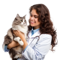 Smiling vet holding a cat isolate on transparent background png