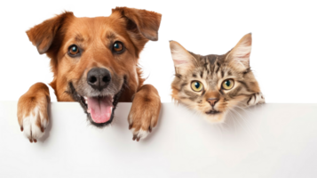 Smiling Dog and cat peeking over a blank white board isolate on transparent background png