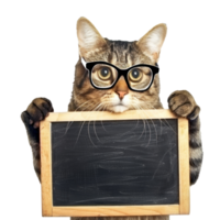cat wearing glasses holding chalkboard isolate isolate on transparent background, png