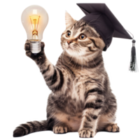 Cat wearing graduate cap and holding light bulb, full body isolate on transparent background png