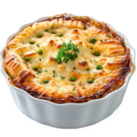 chicken pie in a white dish with parsley on a transparent background png