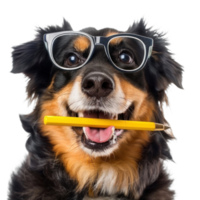 Dog wearing glasses with pen in his mouth isolate on transparent background png