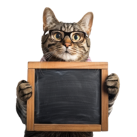 cat wearing glasses holding chalkboard isolate isolate on transparent background, png