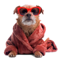 Dog relax and wearing a bathrobe and funny sunglasses isolate on transparent background png
