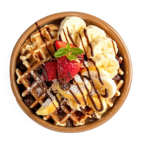 waffles with chocolate sauce and bananas on a plate png