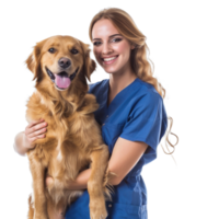Smiling vet holding a dog isolate on transparent background png