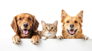 Smiling Dog and cat peeking over a blank white board isolate on transparent background png
