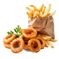 french fries and onion rings in paper bag png