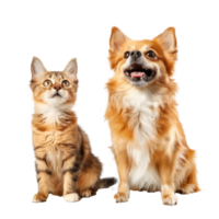 Dog and cat smiling while looking up same direction, full body isolate on white background png