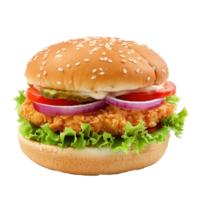 a hamburger with lettuce, tomato and onion on a transparency background png