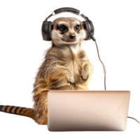 meerkat with headphones using laptop transparent background png