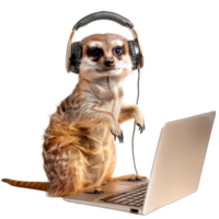 meerkat with headphones using laptop transparent background png