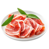 Sliced meat on a plate with leaves on it png