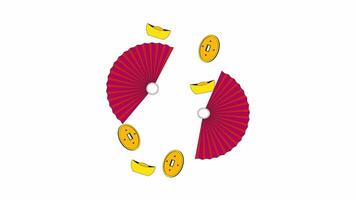 Chinese New Year symbols of prosperity 2D objects animation. Sycee yuanbao, feng shui coin, asian fans cartoon 4K , alpha channel. Fengshui good luck animated flat items on white background video