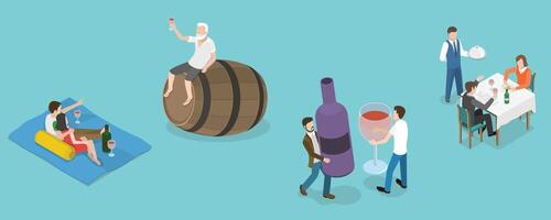 3D Isometric Flat Conceptual Illustration of Wine Drinking vector