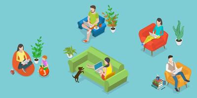3D Isometric Flat Conceptual Illustration of Working At Home vector