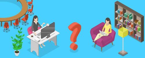 3D Isometric Conceptual Illustration of Working From Home Vs. Office vector