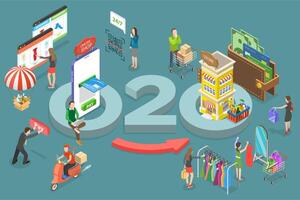 3D Isometric Flat Conceptual Illustration of O2O commerce vector