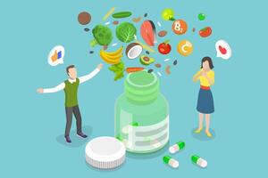 3D Isometric Flat Conceptual Illustration of Vitamin And Mineral Supplements vector