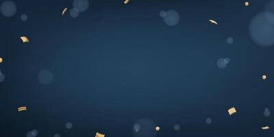Dark blue gradient background with 3D realistic gold metallic confetti decoration and bokeh. Abstract copy space illustration for banner, promo, greeting card vector